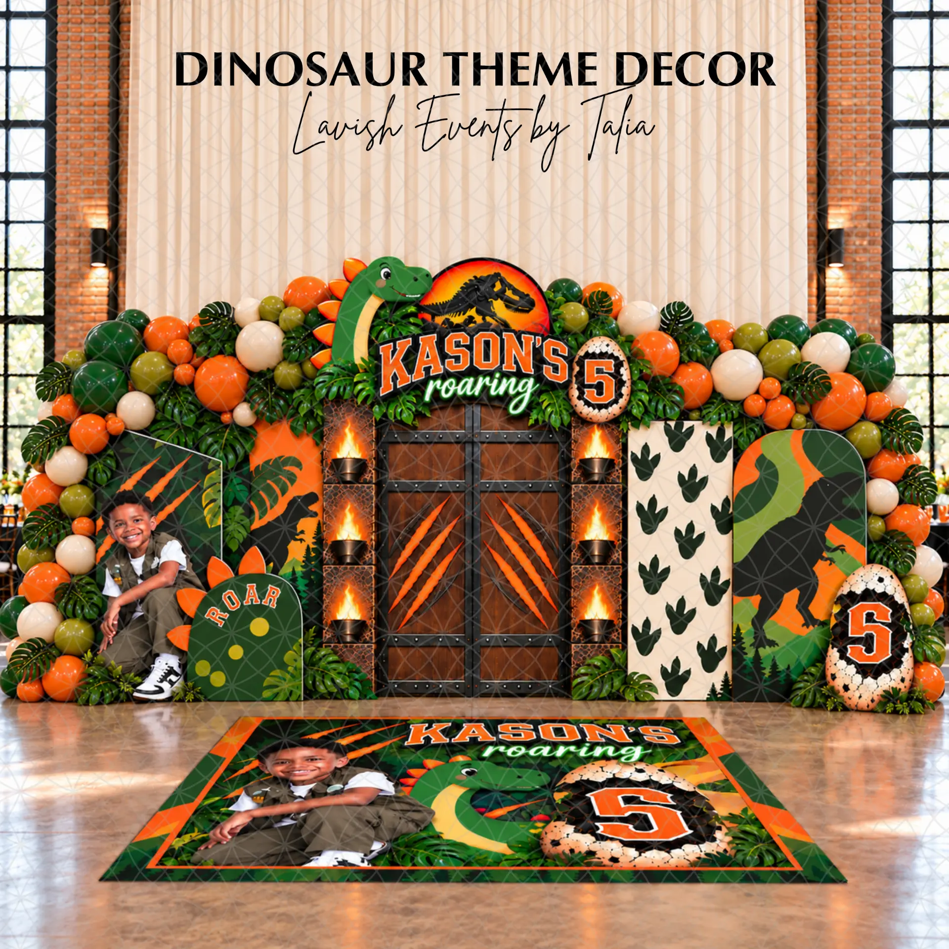 Dino Roar birthday collection design concept with jungle balloon elements, dinosaur entry archway, floor graphic and dino panels