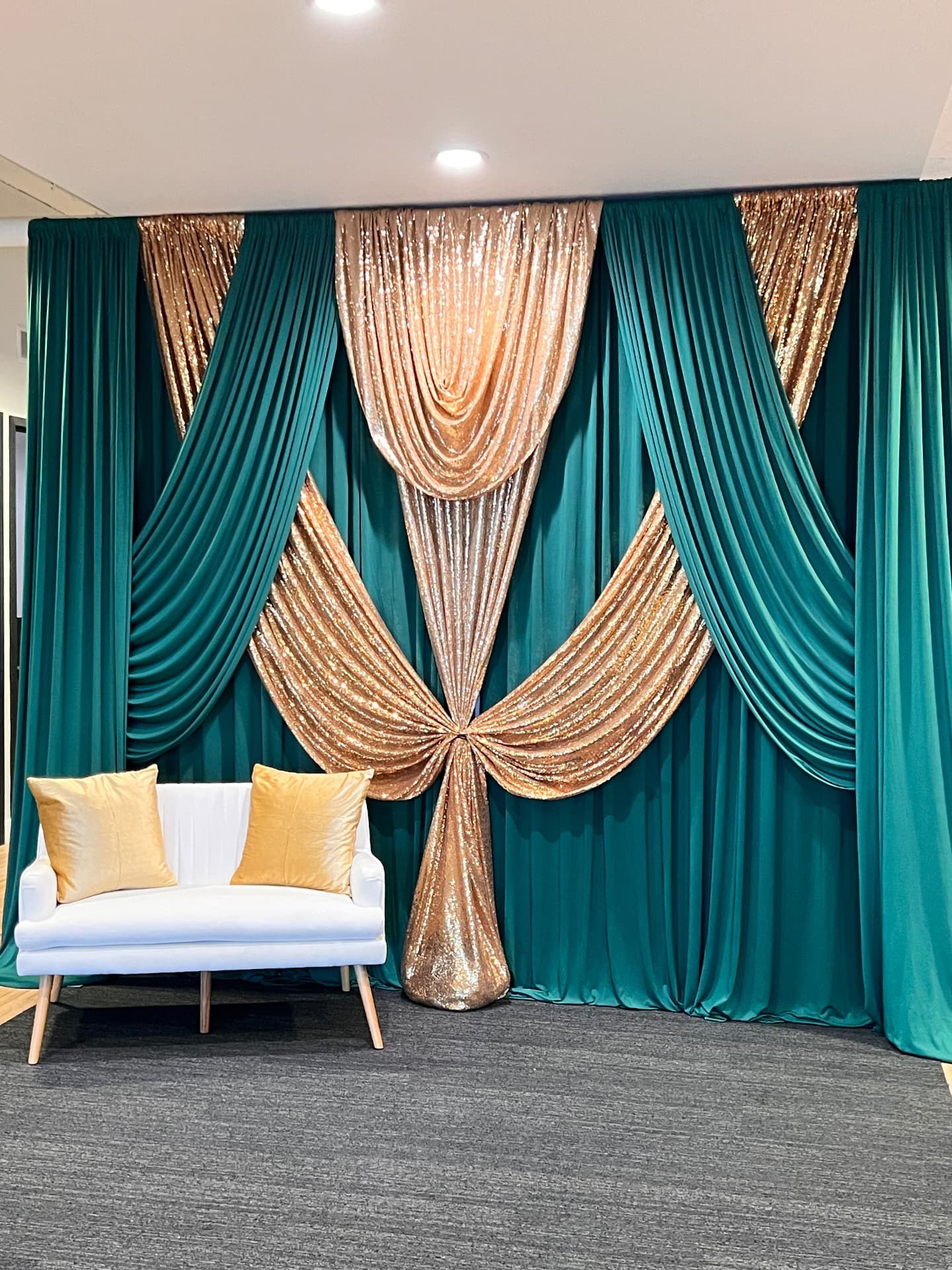 Teal and champagne gold luxury draping installation by Lavish Events by Talia