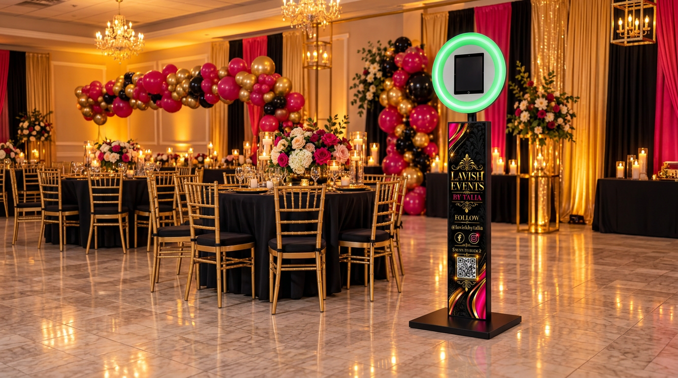 The Lavish Events by Talia photo booth kiosk, branded in gold and pink, standing in a reception hall dressed in black, gold and hot pink