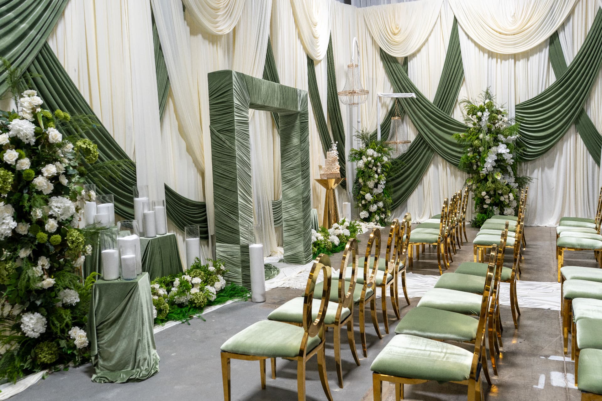 Sage and ivory draped ceremony designed by Lavish Events by Talia