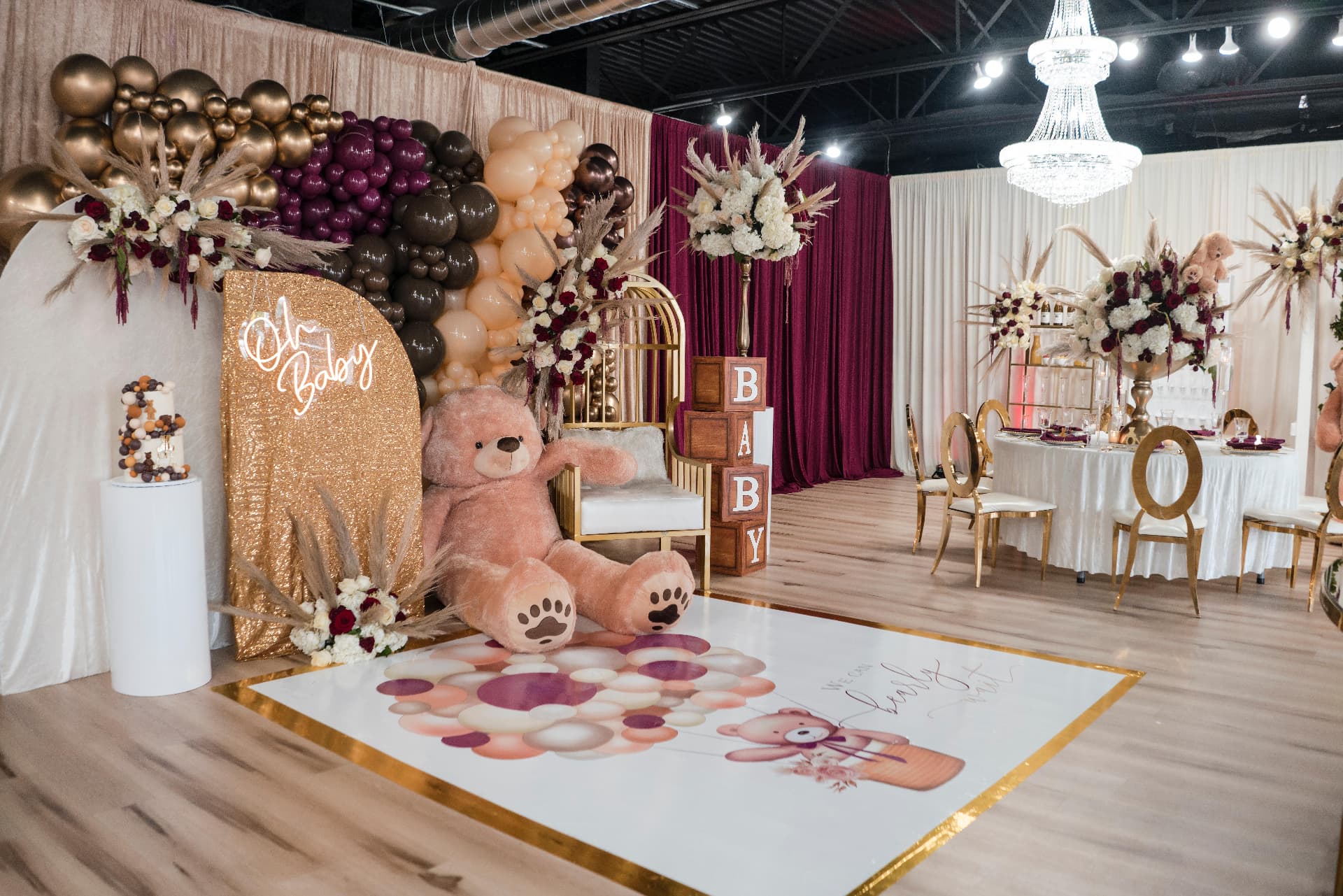 Baby shower custom dance floor wrap with teddy bear and balloon focal wall