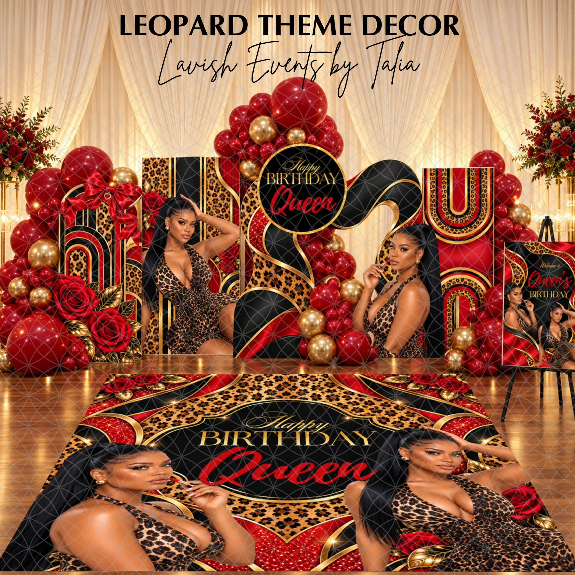 Leopard Luxe birthday collection design concept with leopard, red and gold backdrop panels and floor graphic