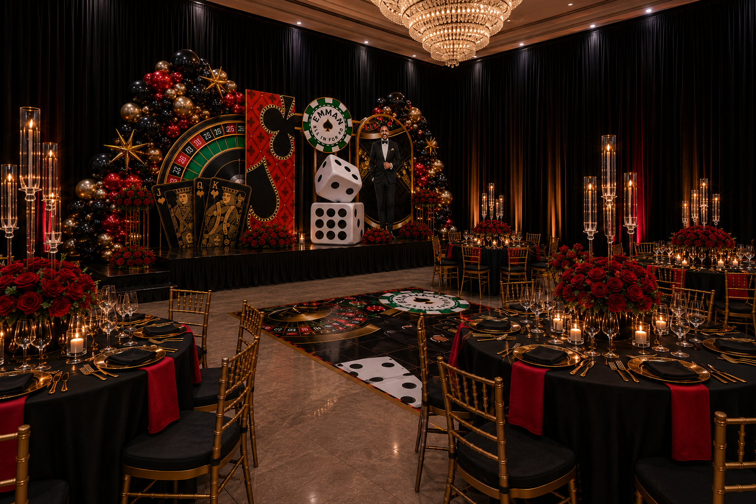 Full event design ballroom with gold and black casino styling