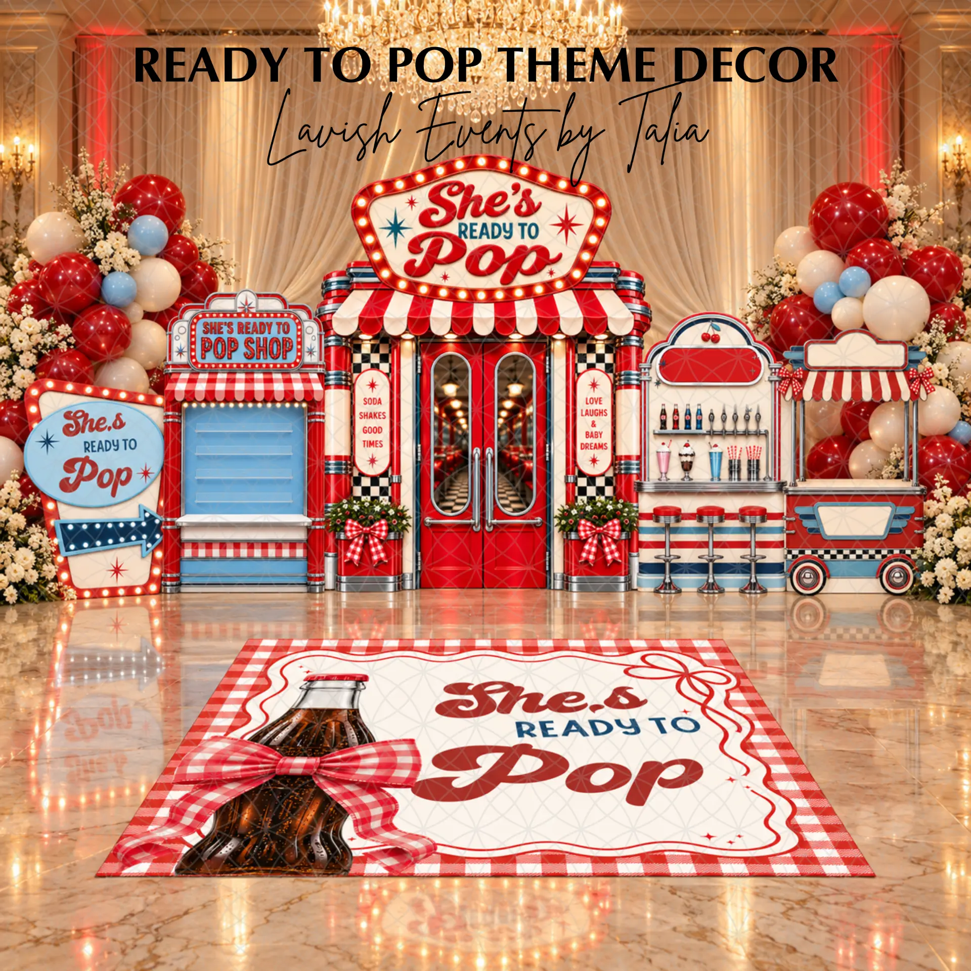 Ready to Pop baby shower collection design concept with retro diner storefront backdrop and floor graphic